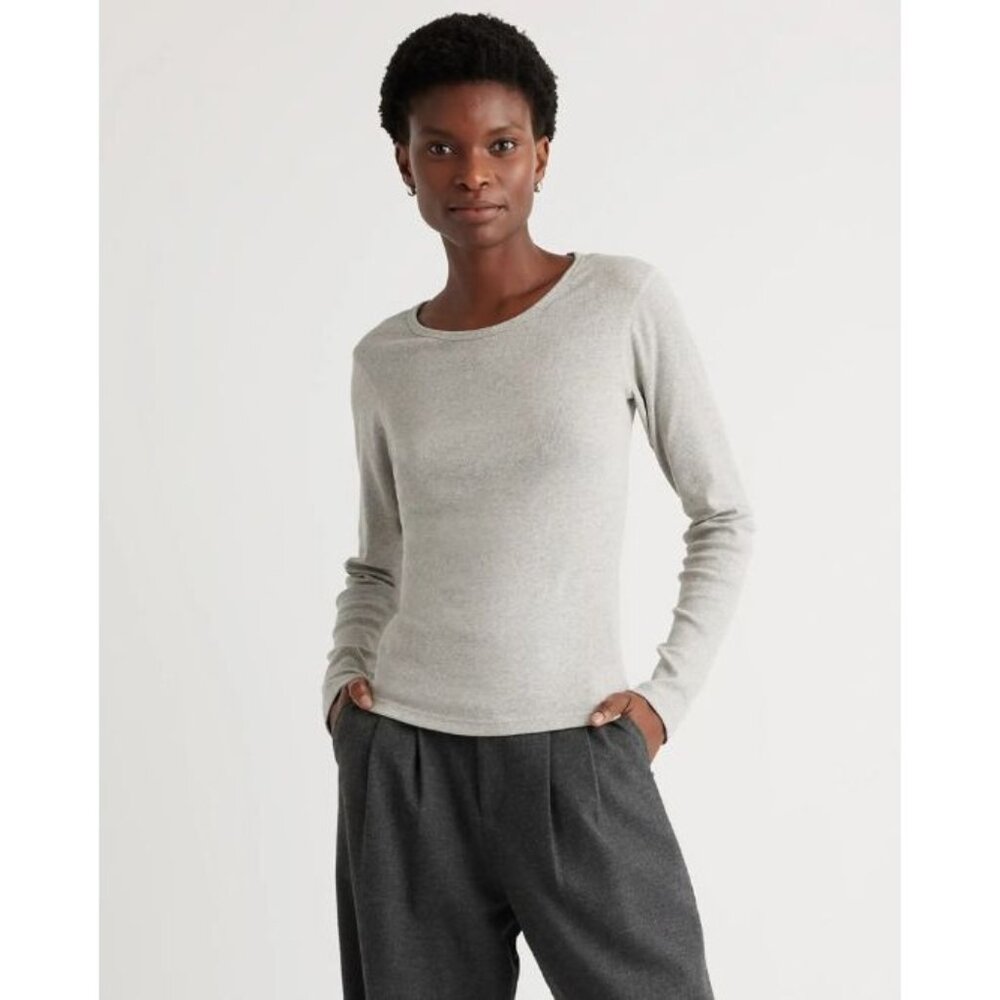 Quince Organic Cotton Rib Long Sleeve Tee Heather Grey Small New